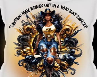 May include: White pillow with a digital illustration of a woman in a cowboy hat and boots, wearing a "New Orleans" shirt and distressed jeans. The image includes the text "CAUTION: MAY BREAK OUT IN A WHO DAT DANCE!" in black.