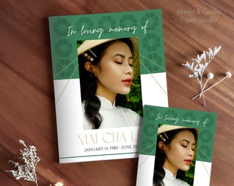 Modern Hmong-inspired Funeral Pamphlet Template, 4 pages, Bifold, 8.5x11 and 11x17, Editable on Canva