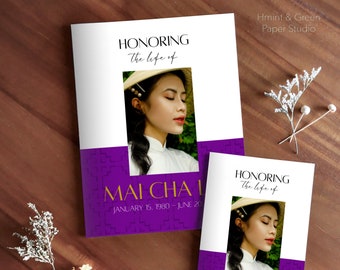 Modern Hmong-inspired Funeral Pamphlet Template, 4 pages, Bifold, 8.5x11 and 11x17, Editable on Canva