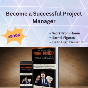 Pode incluir: Uma capa de livro com fundo azul e o título "The Millionaire Project Manager" em texto branco. O subtítulo é "Maximize seu potencial de ganhos e crescimento de carreira em gerenciamento de projetos". A capa também apresenta um homem de terno segurando dinheiro.