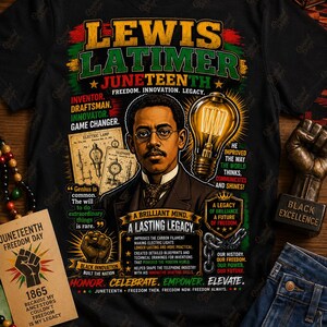 May include: A black t-shirt featuring a graphic of Lewis Latimer, a lightbulb, and technical drawings. Text includes "LEWIS LATIMER," "JUNETEENTH," "INVENTOR," "DRAFTSMAN," "INNOVATOR," "GAME CHANGER," "A BRILLIANT MIND," "A LASTING LEGACY," and "HONOR. CELEBRATE. EMPOWER. ELEVATE."