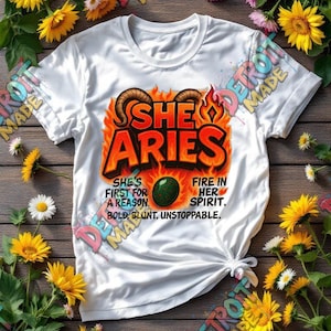 SHE ARIES Sublimação PNG – Arte digital do zodíaco de Áries em negrito, impressão do signo de fogo, transferência de camisa da temporada de Áries, download digital para camisetas e