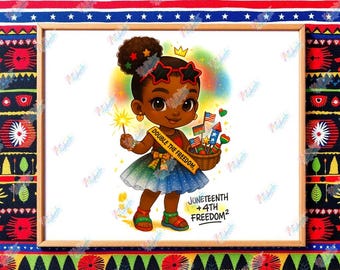 double the freedom baby girl png juneteenth 4th of july black girl toddler sublimation design afro puff chibi art by rashanda