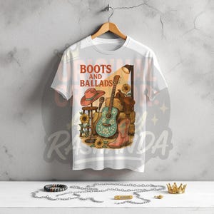 Boots and Ballads Country western Graphic Tee Design Cowgirl Boots Guitare Tournesol