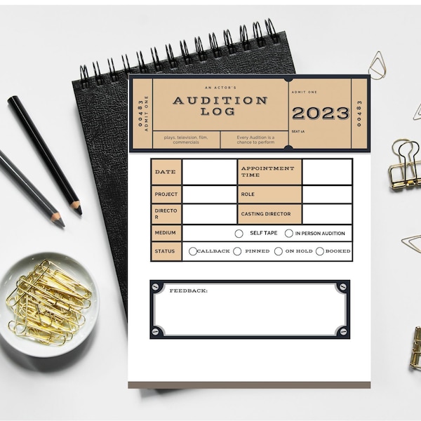 Audition Log / Audition Tracker for Actors / 30 pgs Digital and Printable / Drama School/ Tv, Film,Commercials, Theater & Print