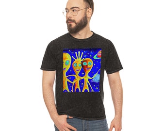 Happy aliens on the moon expressionism with stars Unisex  quality T-Shirt,simple tee,Minimal Tee summer wears,simple tops,classy tops