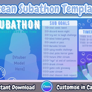 May include: A blue and purple template for a virtual subathon event. The template includes a placeholder for a Vtuber model, a list of sub goals, and a timer for different tiers of donations. The text "Ocean Subathon Template" is at the top of the image. The text "Instant Download" is at the bottom left of the image. The text "Customise in Canva" is at the bottom right of the image.