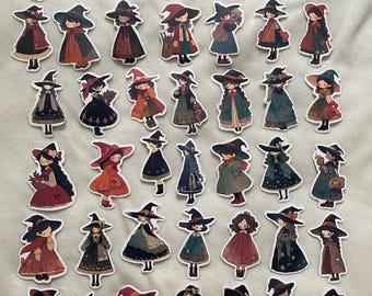 Pegatinas de brujas lindas estilo cottagecore, bruja de seto, anime chibi, juego de 10
