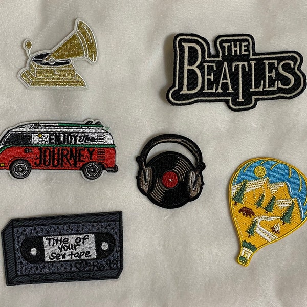 Hipster Patches Collection Set | Retro Cassette Tape The Beatles Vinyl Record Hippie Bus Phonograph