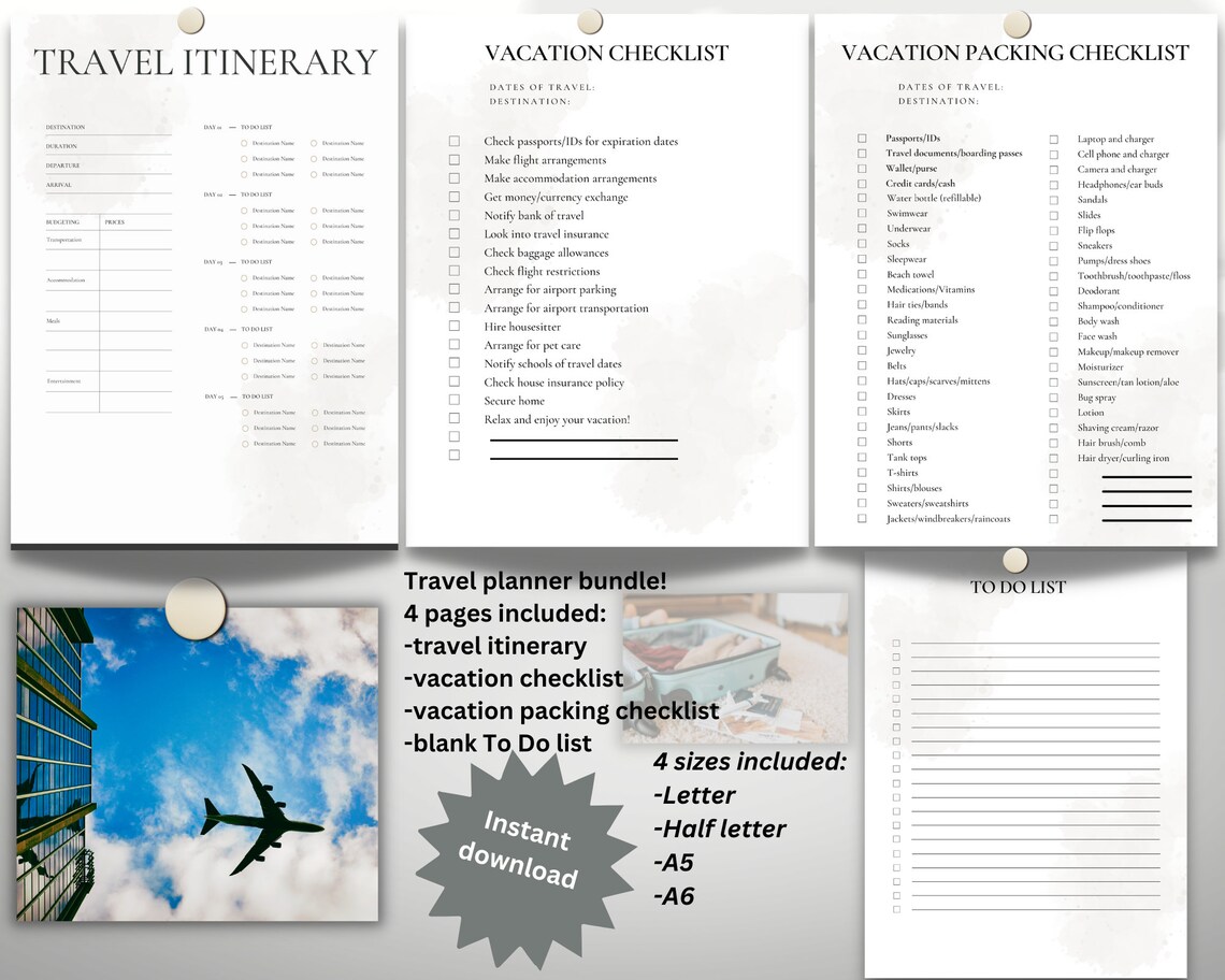 Printable Travel List, Travel Checklist, Vacation Checklist, Vacation ...