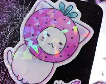 Holographic Strawberry Cat Sticker: Kawaii Waterproof Vinyl
