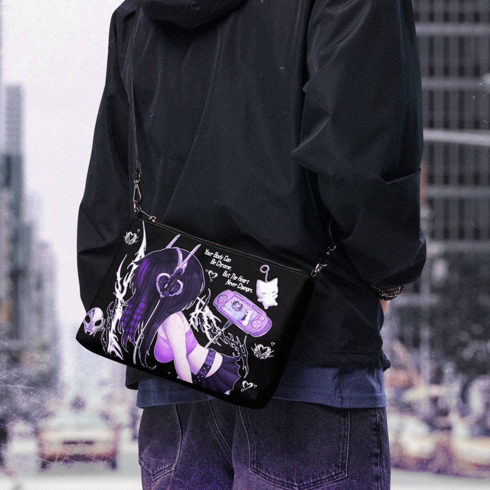 Emo Cyberpunk Crossbody Bag, Rave Bag, Purple Bag, Emo Goth Bag, Kawaii