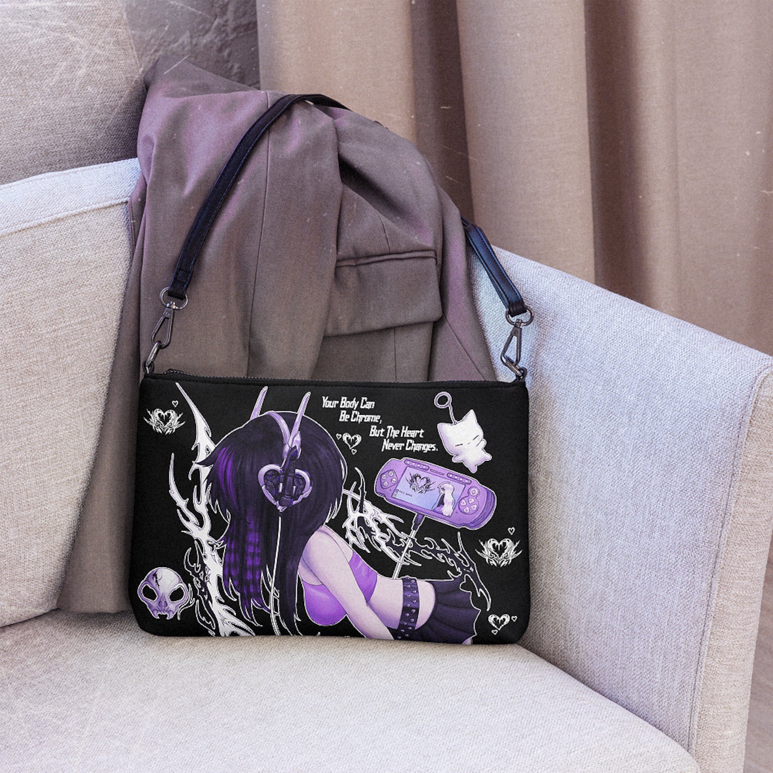 Emo Cyberpunk Crossbody Bag, Rave Bag, Purple Bag, Emo Goth Bag, Kawaii