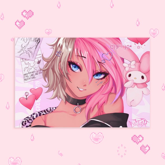 Kawaii Art Print, Menhera Print, Kawaii Poster, Pink Kawaii Wall Art, Anime Aesthetic, Kawaii Room Decor, Anime Poster, Uncoated Poster