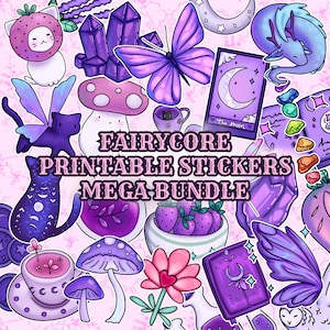 May include: A set of printable fairycore stickers featuring a variety of cute and whimsical designs, including mushrooms, butterflies, crystals, cats, and a moon. The stickers are perfect for adding a touch of magic to your planner, laptop, or water bottle.