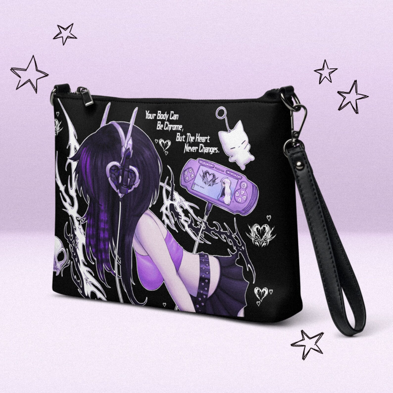 Emo Cyberpunk Crossbody Bag, Rave Bag, Purple Bag, Emo Goth Bag, Kawaii