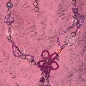 purple floral bead necklace with handmade beaded flower pendant | pastel statement choker | y2k kawaii jewelry