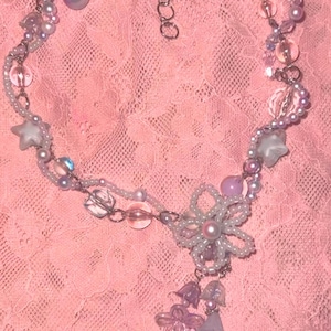 blue floral bead necklace with handmade beaded flower pendant | pastel kawaii choker | handmade y2k beaded jewelry
