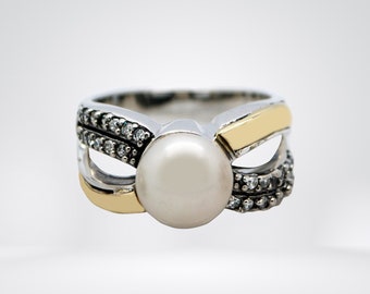 Sterling Silver with White Imitation Pearl and White Cubic Zirconias Emily Ring
