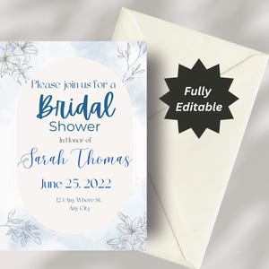EDITABLE Floral Boho Bridal Shower Invitation, Blue Flower Bridal Shower Editable Invitation Template, Blue Floral Shower Invite Printable