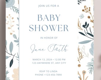 Peut inclure: Une invitation de fête prénatale florale bleue et blanche avec le texte "Rejoignez-nous pour une fête prénatale en l'honneur de Jane Smith" et la date et l'heure de l'événement. RSVP à Linda au numéro de téléphone indiqué.