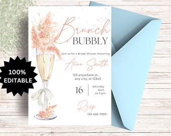 EDITABLE Brunch and Bubbly Bridal Shower Editable Invitation, Blue Floral Champagne Glass, Digital Download, Bridal Shower Invite, Template