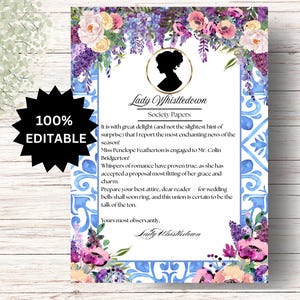 Anuncio de compromiso editable de Lady Whistledown, anuncio con temática de Bridgerton, anuncio de boda con temática de Bridgerton, tema de Lady Whistledown