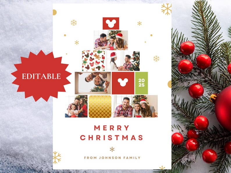 EDITABLE Disney Christmas Card Template, Mickey Tree Xmas Card, Mickey