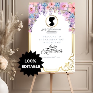 EDITABLE Bridgerton Themed Welcome Sign, Lady Whistledown&#39;s Society Papers, Lavender, Bridgerton Birthday Welcome, Bridgerton Party Welcome