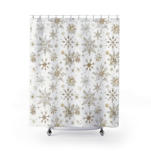 Cortina de ducha con copos de nieve, estilo rústico, estética minimalista, baño de invierno, baño de casa de campo, baño rústico, estilo copo de nieve imagen 1