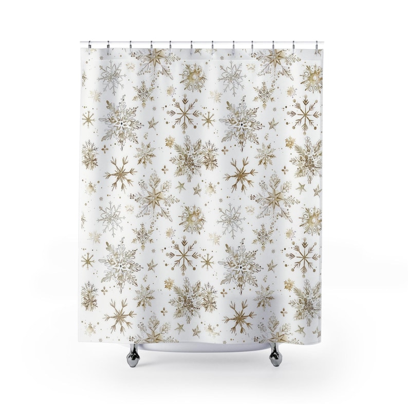 Cortina de ducha con copos de nieve, estilo rústico, estética minimalista, baño de invierno, baño de casa de campo, baño rústico, estilo copo de nieve imagen 1