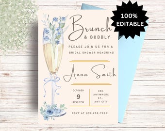 EDITABLE Brunch and Bubbly Bridal Shower Editable Invitation, Blue Floral Champagne Glass, Digital Download, Bridal Shower Invite, Template