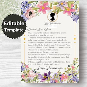 Può includere: Un modello modificabile con accenti floreali e il testo "Dearest Lady Anne" e "Lady Whistledown". Il design presenta fiori rosa, viola e blu, con una silhouette di donna in un cammeo.