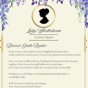 Tarjeta de cumpleaños editable de Lady Whistledown, tarjeta de cumpleaños imprimible de Bridgerton, carta de cumpleaños de Bridgerton Society Papers, Bridgerton
