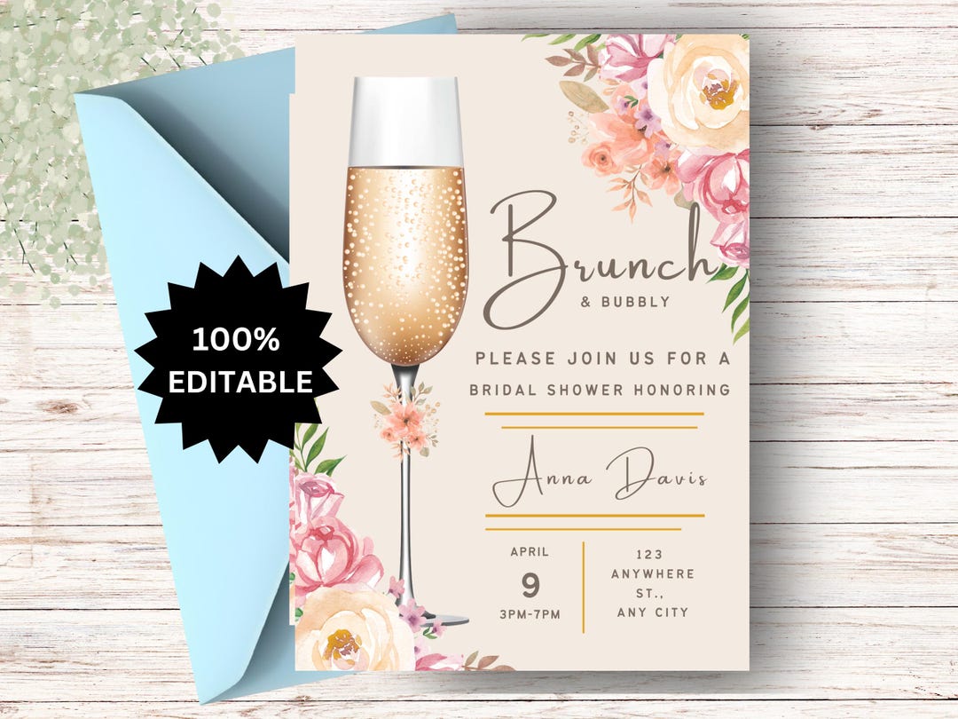EDITABLE Brunch and Bubbly Bridal Shower Editable Invitation, Blue ...