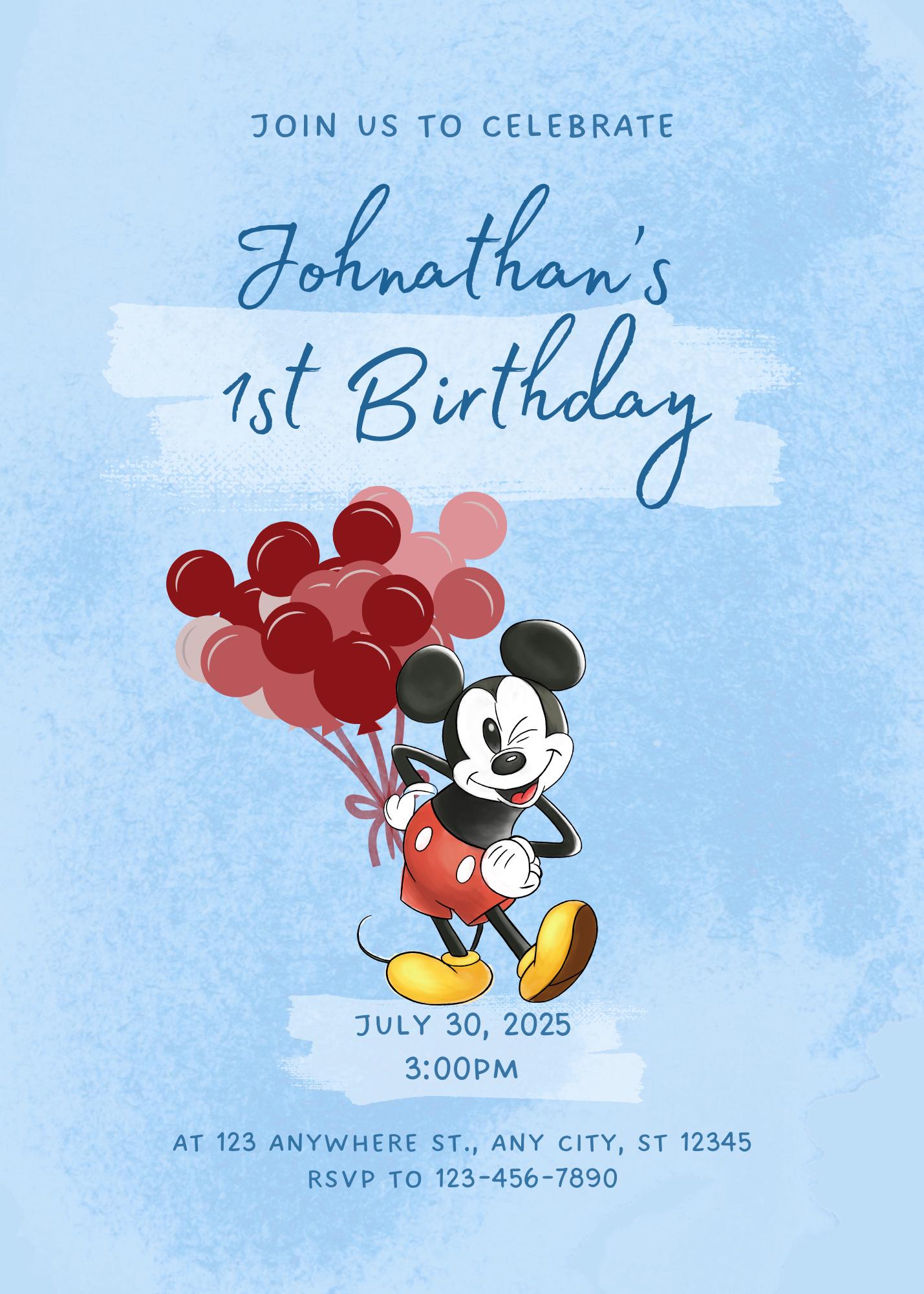 EDITABLE Mickey 1st Birthday Invitation Template, Printable Mickey ...