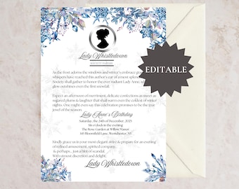 EDITABLE Bridgerton Inspired Birthday Invitation: Lady Whistledown Editable Template, Whistledown Birthday Invite, Bridgerton Birthday Card