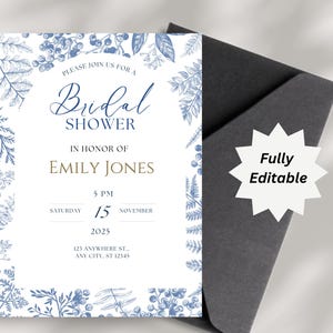 EDITABLE Floral Boho Bridal Shower Invitation, Blue Flower Bridal Shower Editable Invitation Template, Blue Floral Shower Invite Printable