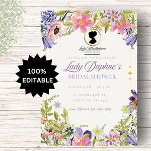 EDITABLE Bridal Shower Invitation Lady Whistledown, Bridgerton Floral Invitation, Bridgerton Invitation, Lady Whistledown Theme, Wildflowers