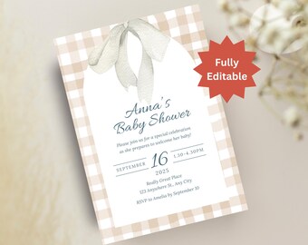 EDITABLE Boho Baby Shower Invitation, Boho Beige Baby Shower Invitation Template, Beige Bow Baby Shower Invitation, Printable Download