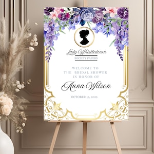 Panneau de bienvenue MODIFIABLE pour la douche Bridgerton, documents de la société Lady Whistledown, lavande, douche nuptiale Bridgerton, fête Bridgerton