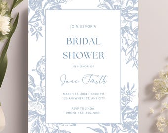 EDITABLE Boho Floral Bridal Shower Invitation, Blue Flower Bridal Shower Editable Invitation Template, Blue Floral Shower Invite Printable