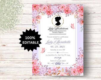 Convite para chá de panela Lady Whistledown: Chá floral editável (PDF e JPG)