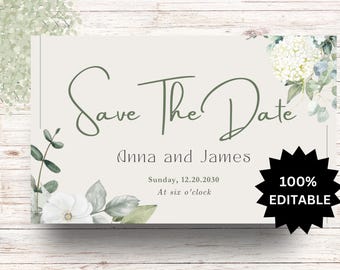 EDITABLE Save the Date Template, Printable Save the Date Wedding Template, Save the date card, Greenery save the date download, Greenery