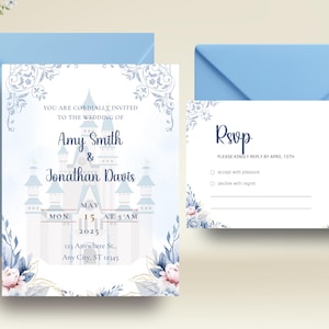 EDITABLE Disney Blue Cinderella Inspired Wedding Invitation, Disney Wedding Invitation Bundle, Wedding Invitation, Wedding RSVP, Disney RSVP