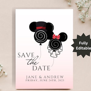 EDITIERBARE Mickey und Minnie Save the Date Einladung, Disney Hochzeitspostkarte, Disney Save The Date, Disney Hochzeitskarte, INSTANT DOWNLOAD