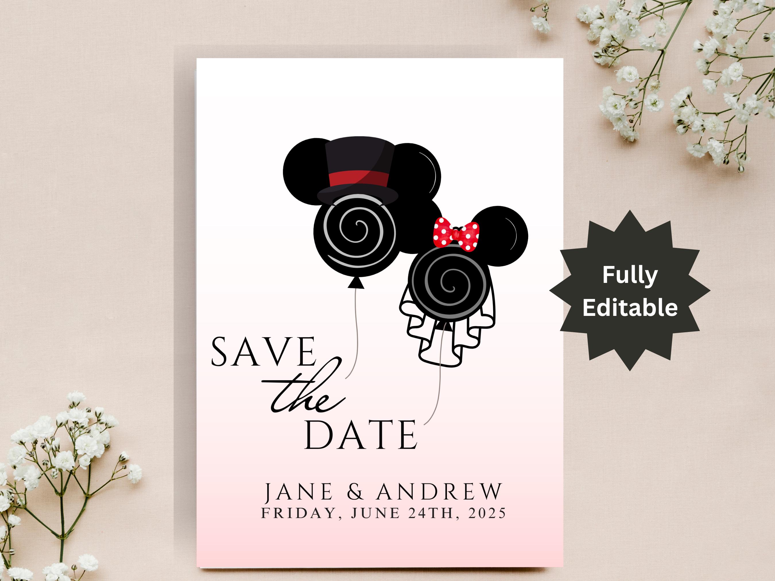 EDITABLE Mickey and Minnie Save the Date Invitation, Disney Wedding Postcard, Disney Save The Date, Disney Wedding Card, INSTANT DOWNLOAD