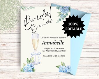 EDITABLE Brunch and Bubbly Bridal Shower Editable Invitation, Blue Floral Champagne Glass, Digital Download, Bridal Shower Invite, Template