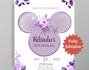 May include: Purple and white floral birthday invitation with a Mickey Mouse ear design. The invitation says "Join us to celebrate Belinda's 10th Birthday" and includes the date, time, and location of the party.