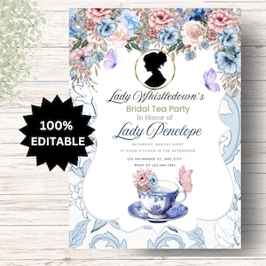 EDITABLE Lady Whistledown Teacup Bridal Shower Invitation, Blue Teacup Floral Invitation, Bridgerton Bridal Tea Party Shower Invitation